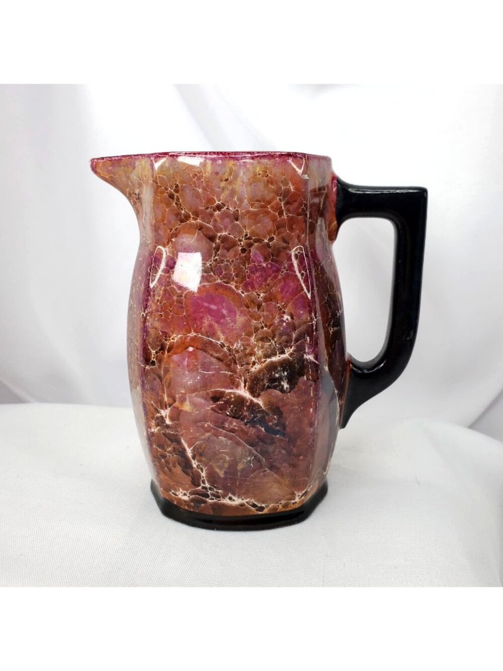 VTG Czechoslovakia Coronet Handled Pottery Creamer Pitcher 5"‎ Burgundy Marbled